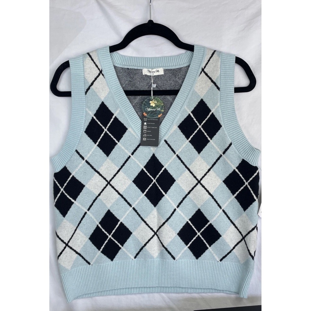NWT Blooming Jelly Women Argyle Plaid Sweater Vest V Neck Preppy Blue Knit